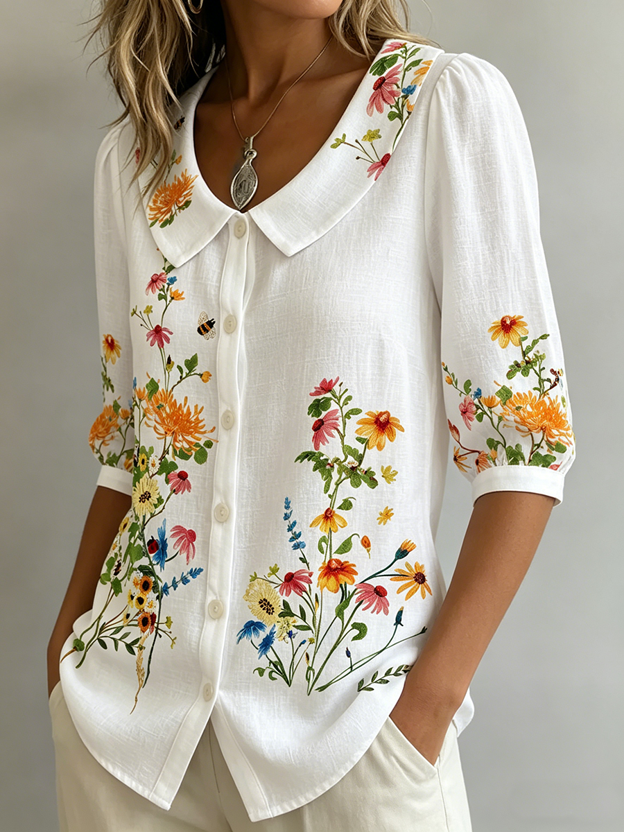 Mavessia - Damebluse i bomuld og hør med kunstnerisk vintage-blomsterprint
