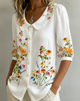 Mavessia - Damebluse i bomuld og hør med kunstnerisk vintage-blomsterprint