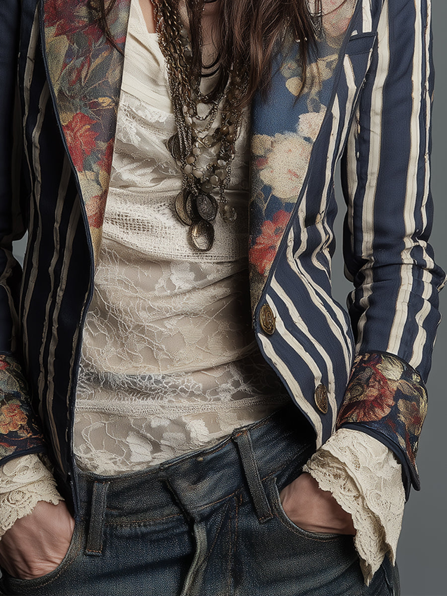 Avenorix - Stribet boheme-blazer til damer med vintage blomsterprint