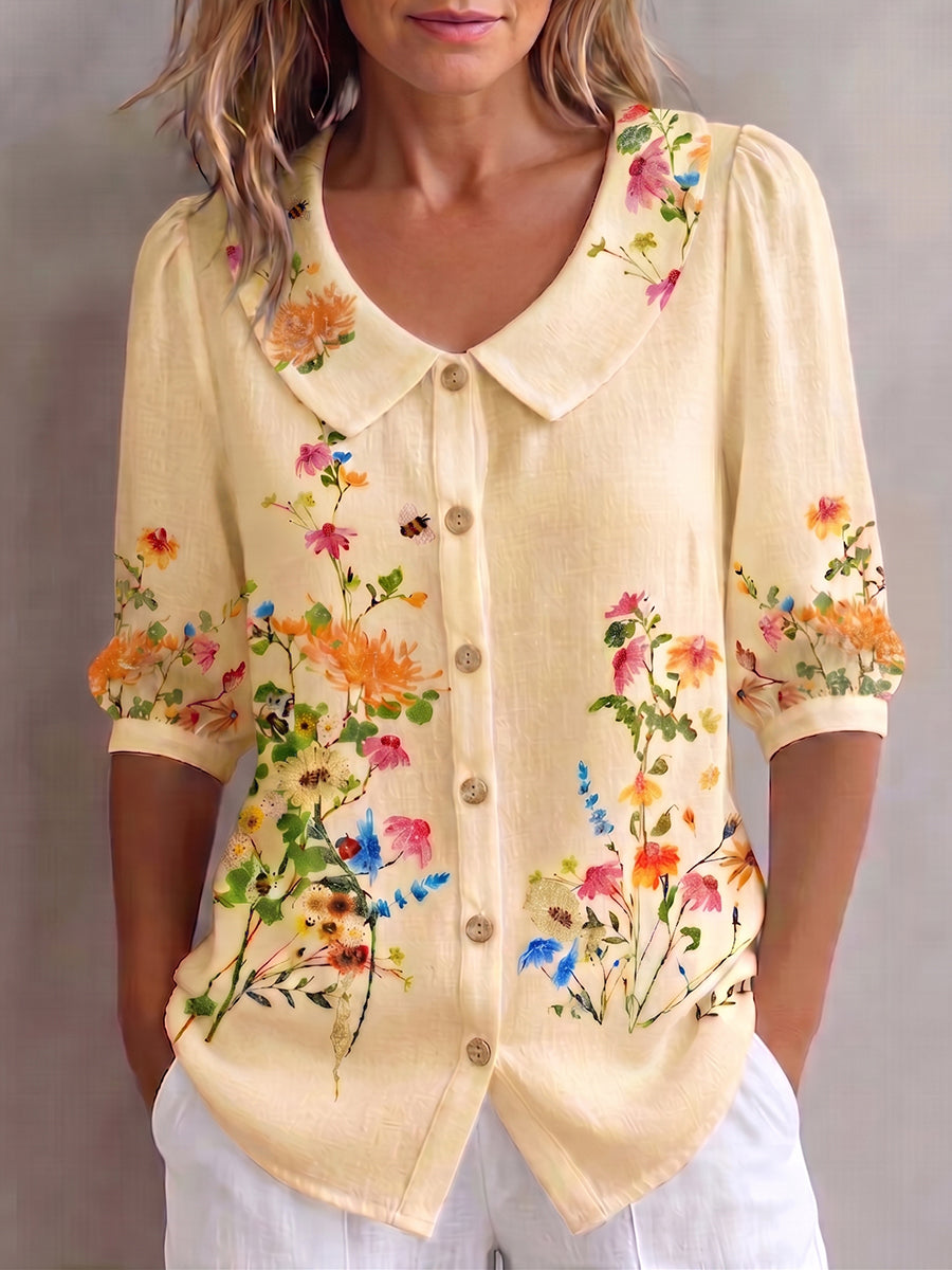 Mavessia - Damebluse i bomuld og hør med kunstnerisk vintage-blomsterprint