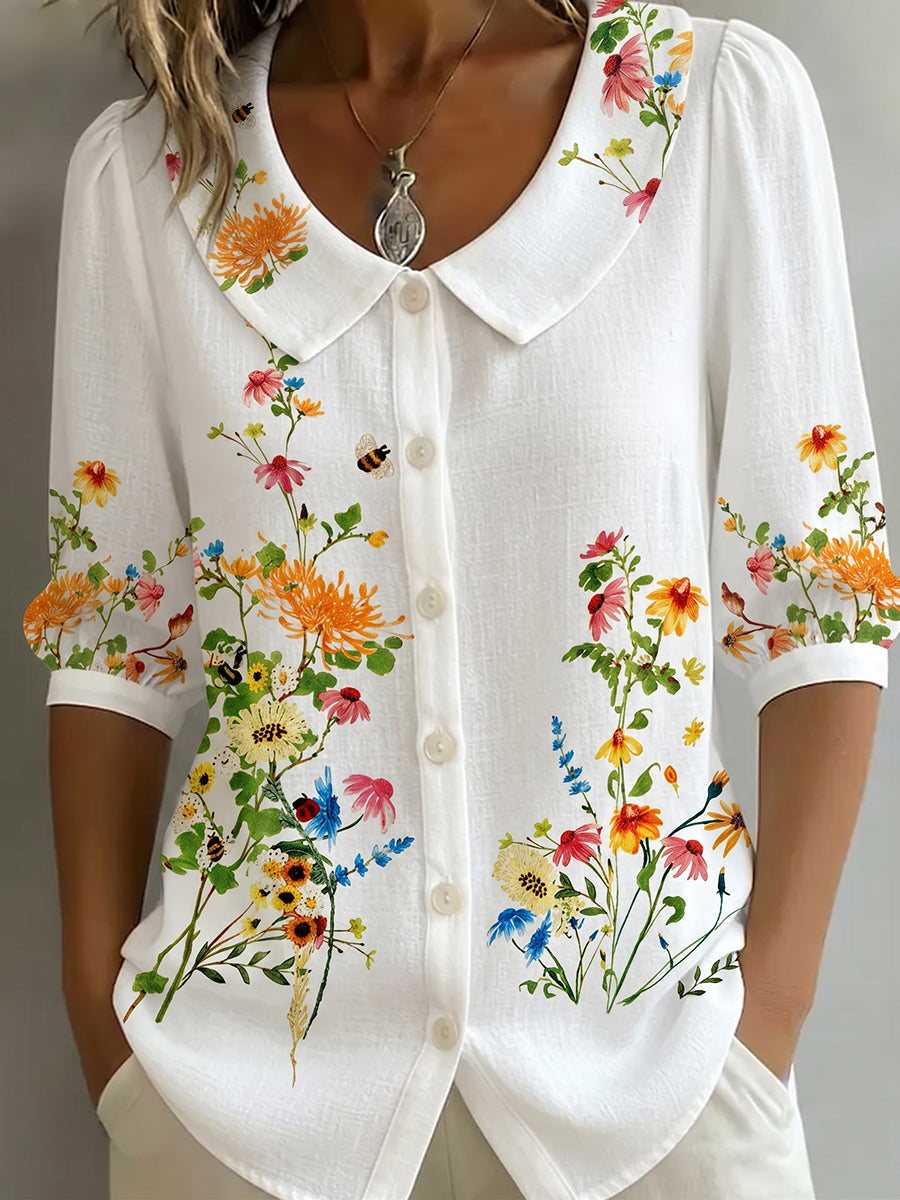 Mavessia - Damebluse i bomuld og hør med kunstnerisk vintage-blomsterprint