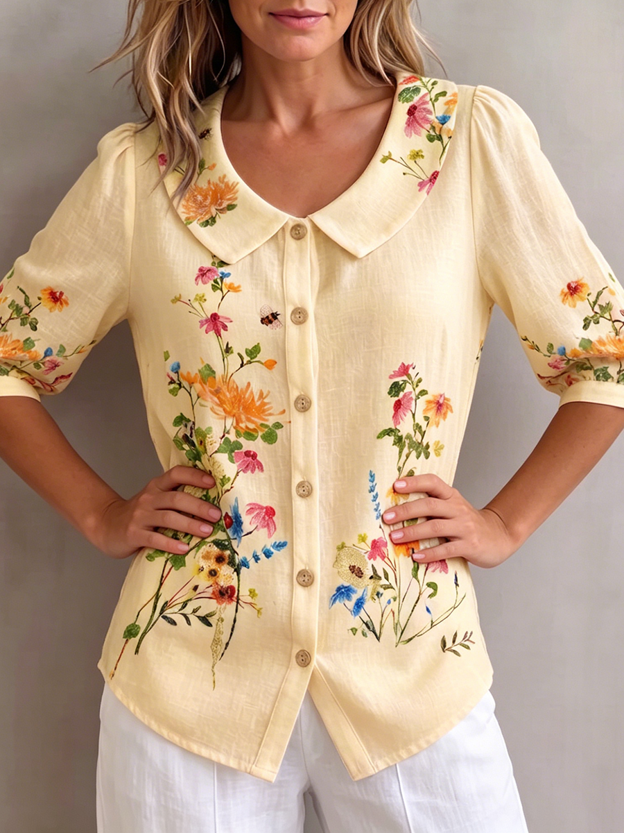 Mavessia - Damebluse i bomuld og hør med kunstnerisk vintage-blomsterprint
