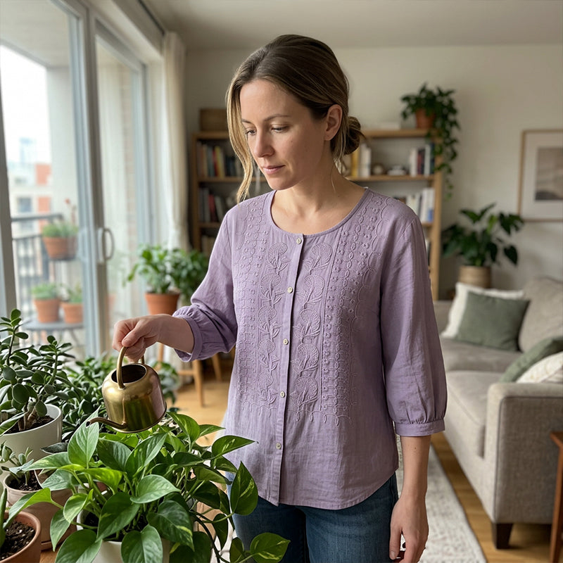 Sorivelle - Broderet bluse til kvinder i bomuld og hør med 3/4-ærmer
