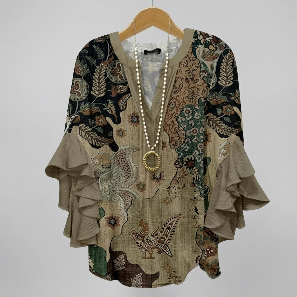 Faylissora – Elegant løs bluse med V-hals og kunstnerisk print