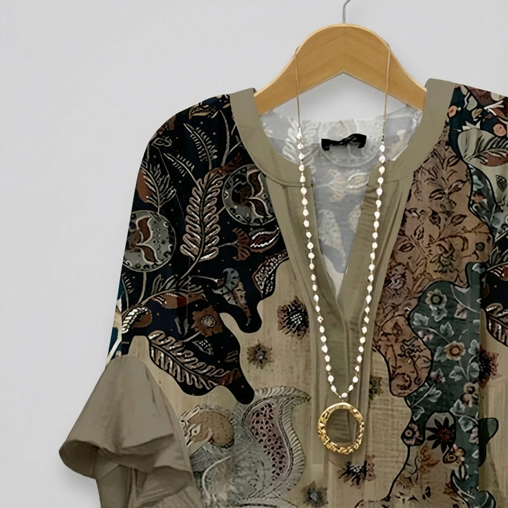 Faylissora – Elegant løs bluse med V-hals og kunstnerisk print