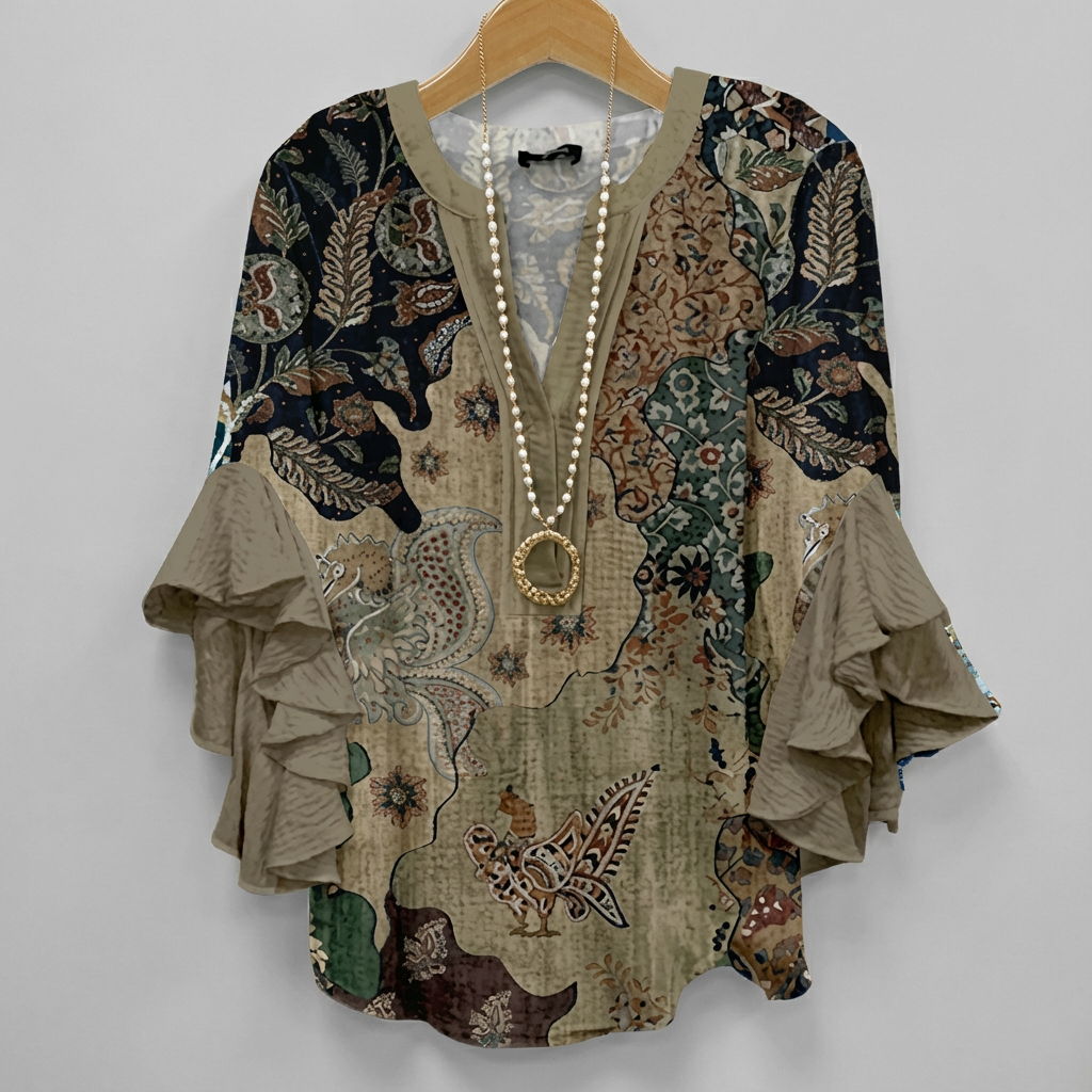 Faylissora – Elegant løs bluse med V-hals og kunstnerisk print