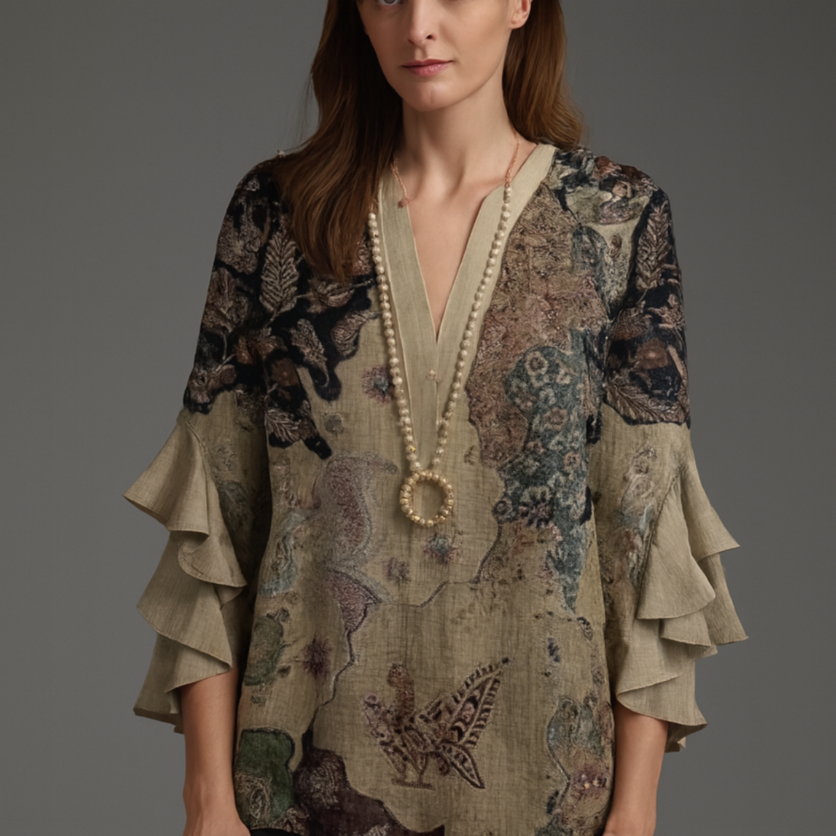 Faylissora – Elegant løs bluse med V-hals og kunstnerisk print