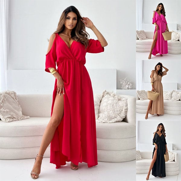 Havessira - Elegant maxikjole med off-shoulder og V-hals