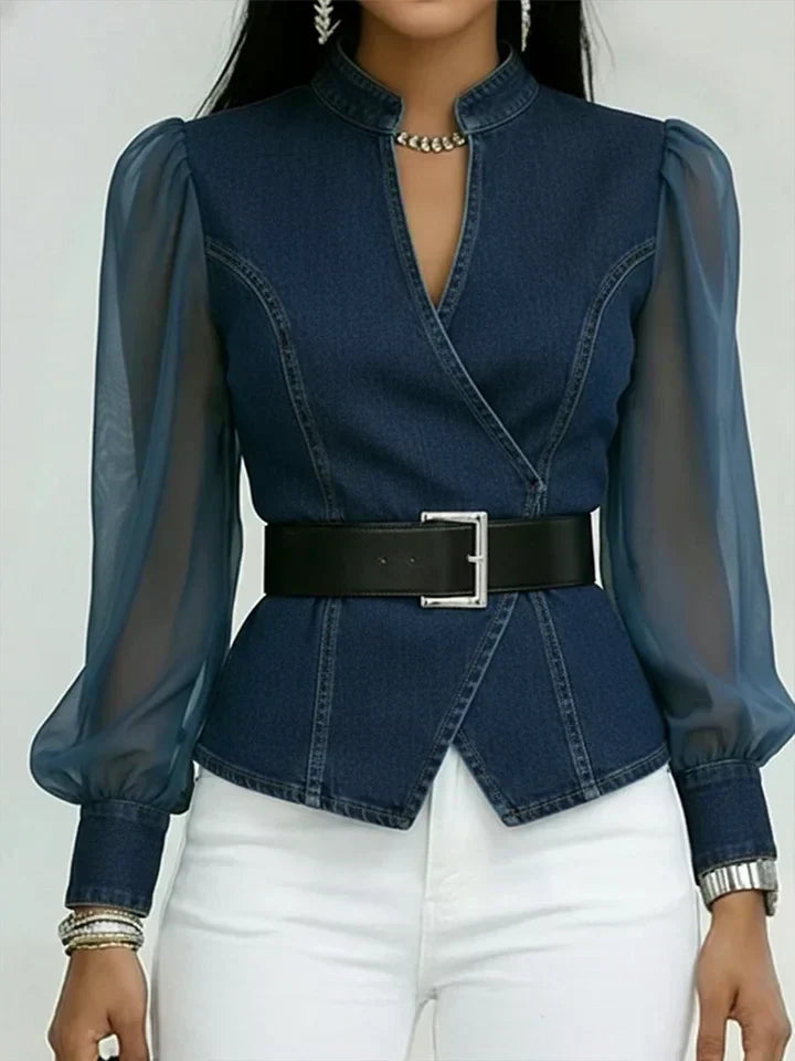Quinellea - Elegant denimbluse med struktur