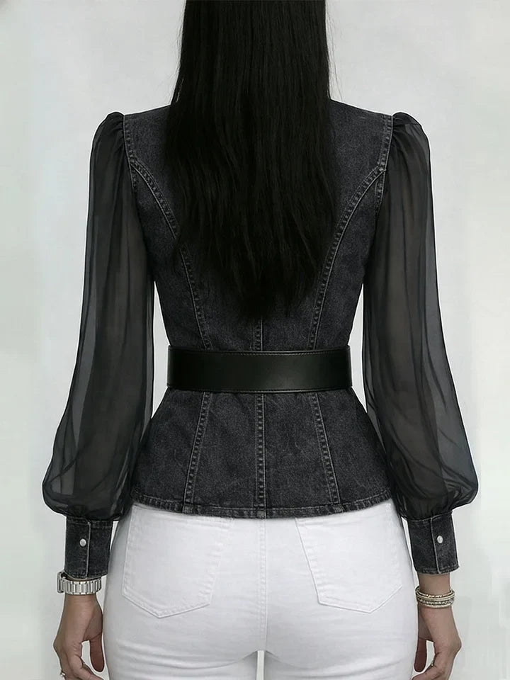 Quinellea - Elegant denimbluse med struktur