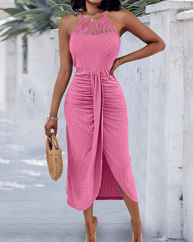 Fynovia - Midikjole til kvinder i hulmønstret jacquard med elegant halterneck og slids