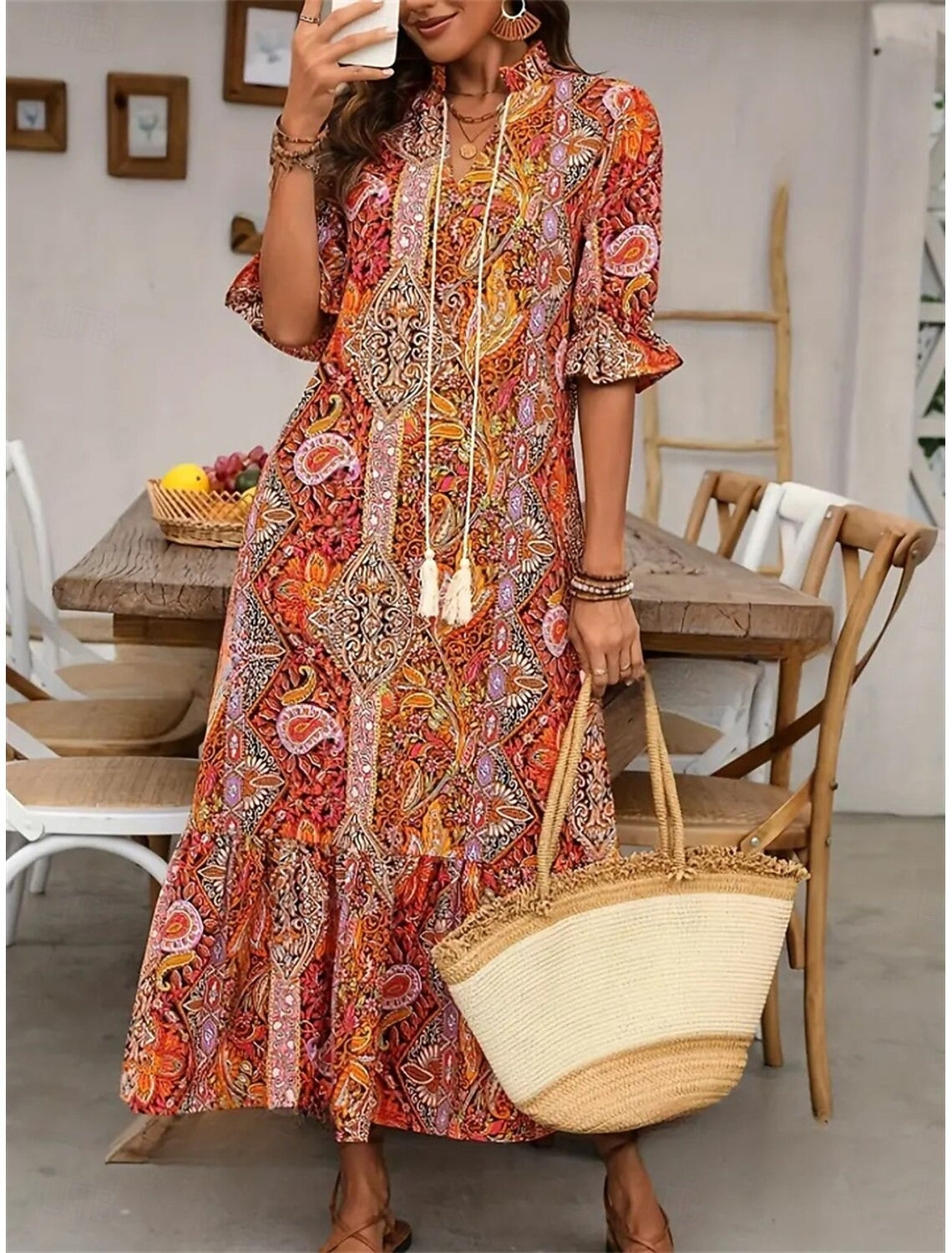 Esther - Elegant boho-kjole med V-hals og blomsterprint til damer