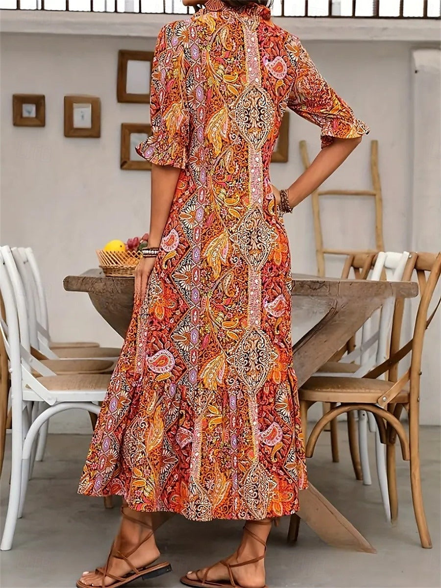 Esther - Elegant boho-kjole med V-hals og blomsterprint til damer
