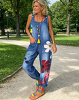 Jovalythra - Afslappede smækbukser i denim med blomster og rummelig pasform til damer