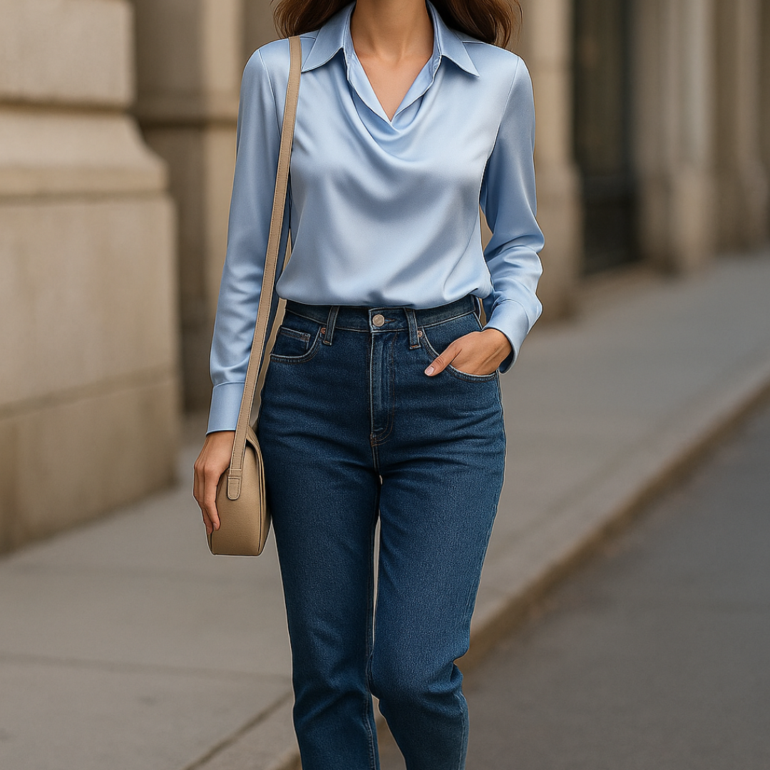 Laureline - Skinnende bluse med plisseret krave - Chic &amp; tidløs