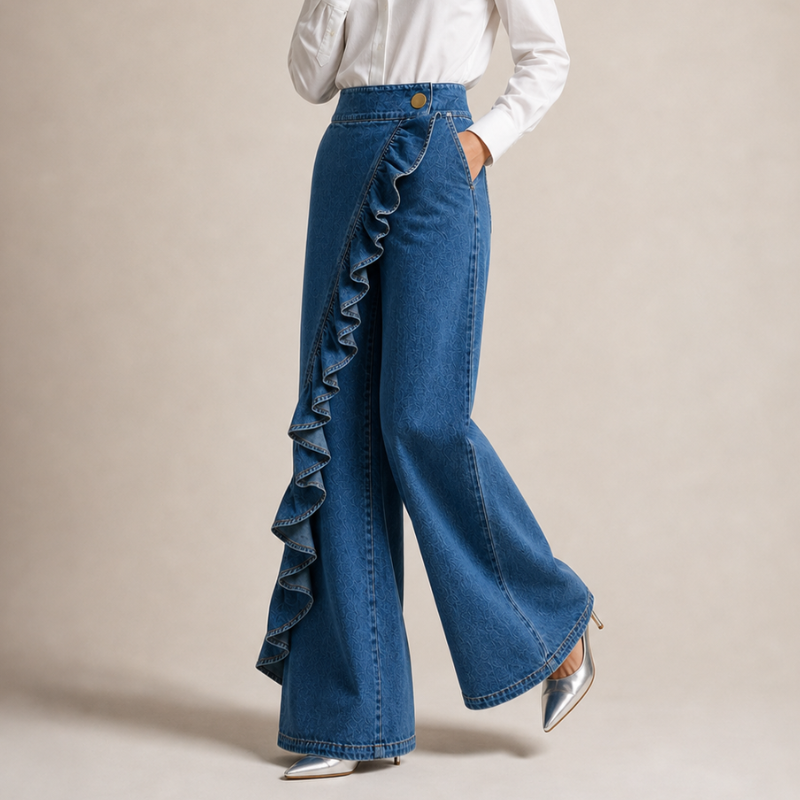 Izzavelle - Vide denimbukser til kvinder med asymmetrisk flæse i elegant culotte-stil