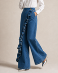 Izzavelle - Vide denimbukser til kvinder med asymmetrisk flæse i elegant culotte-stil