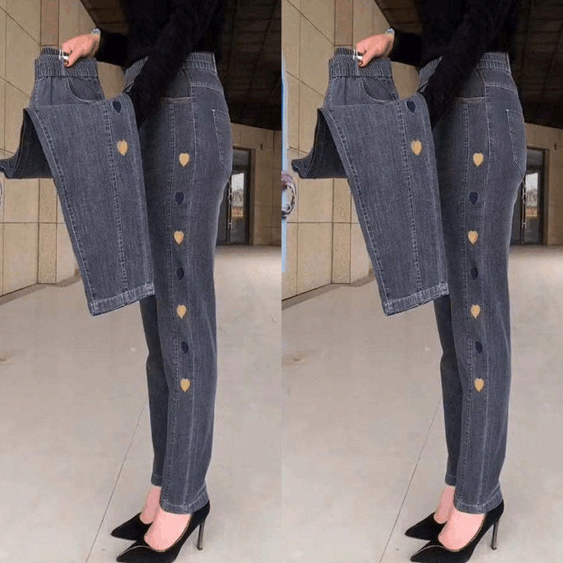 Soraya - Højelastiske jeans til kvinder med broderet hjertemønster