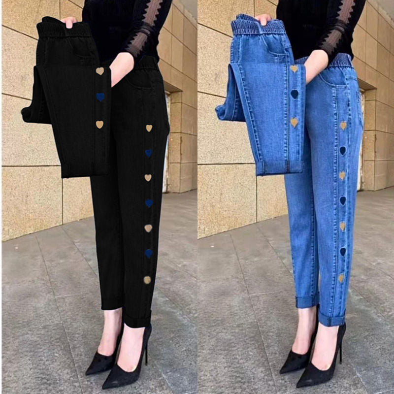 Soraya - Højelastiske jeans til kvinder med broderet hjertemønster
