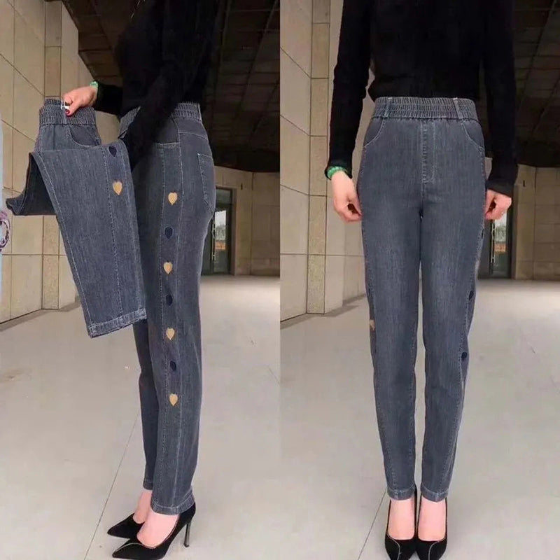 Soraya - Højelastiske jeans til kvinder med broderet hjertemønster