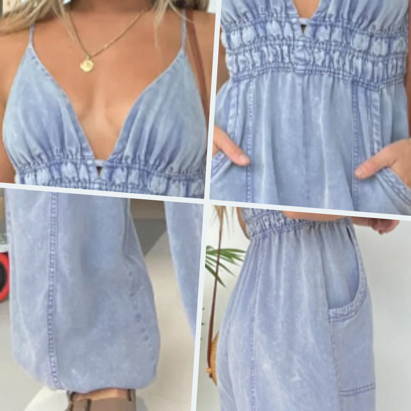 Anja - Denim-jumpsuit med dyb V-hals til kvinder
