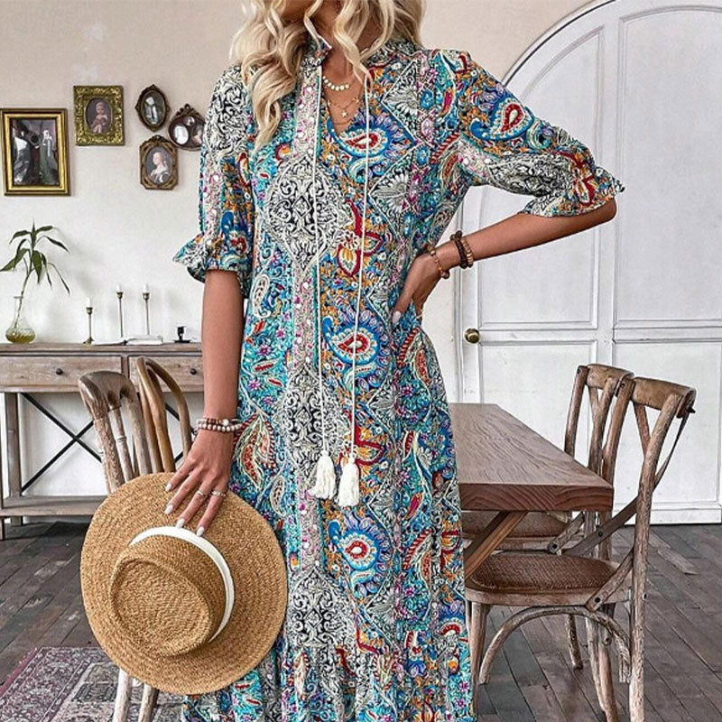 Esther - Elegant boho-kjole med V-hals og blomsterprint til damer