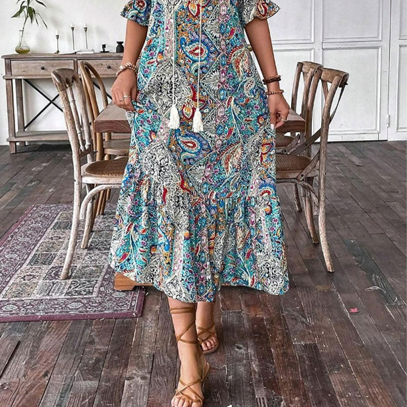 Esther - Elegant boho-kjole med V-hals og blomsterprint til damer