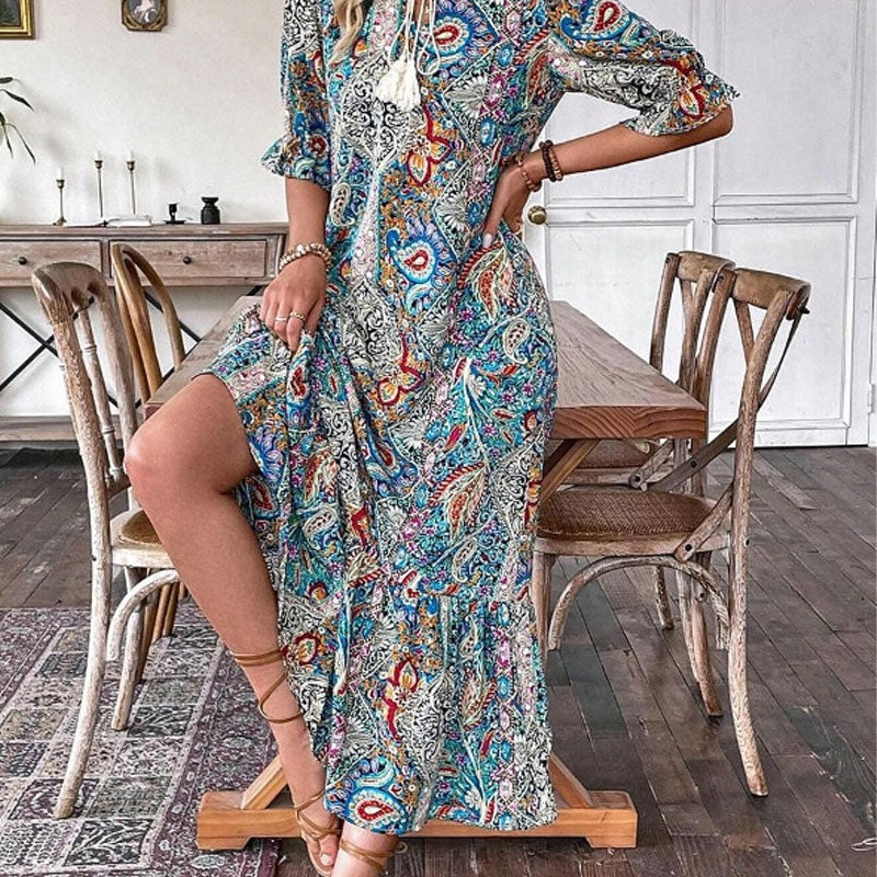 Esther - Elegant boho-kjole med V-hals og blomsterprint til damer