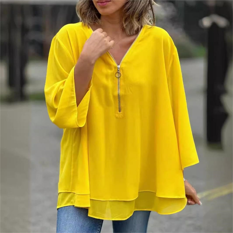 Quorina - Chiffonbluse til kvinder med V-hals og lynlås, 3/4-ærmer, flydende elegant stil
