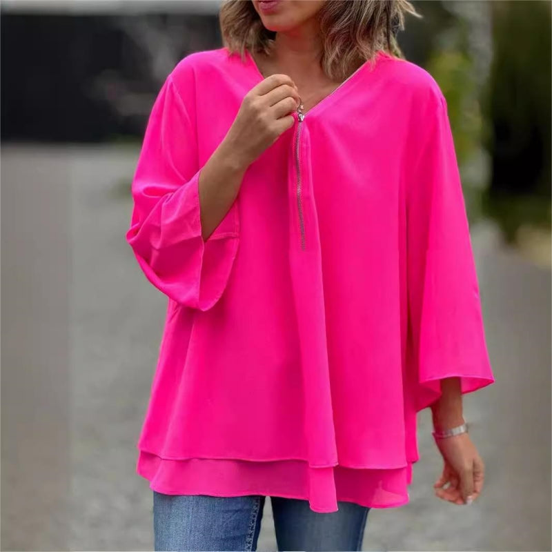 Quorina - Chiffonbluse til kvinder med V-hals og lynlås, 3/4-ærmer, flydende elegant stil