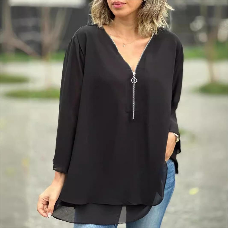 Quorina - Chiffonbluse til kvinder med V-hals og lynlås, 3/4-ærmer, flydende elegant stil