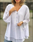 Quorina - Chiffonbluse til kvinder med V-hals og lynlås, 3/4-ærmer, flydende elegant stil