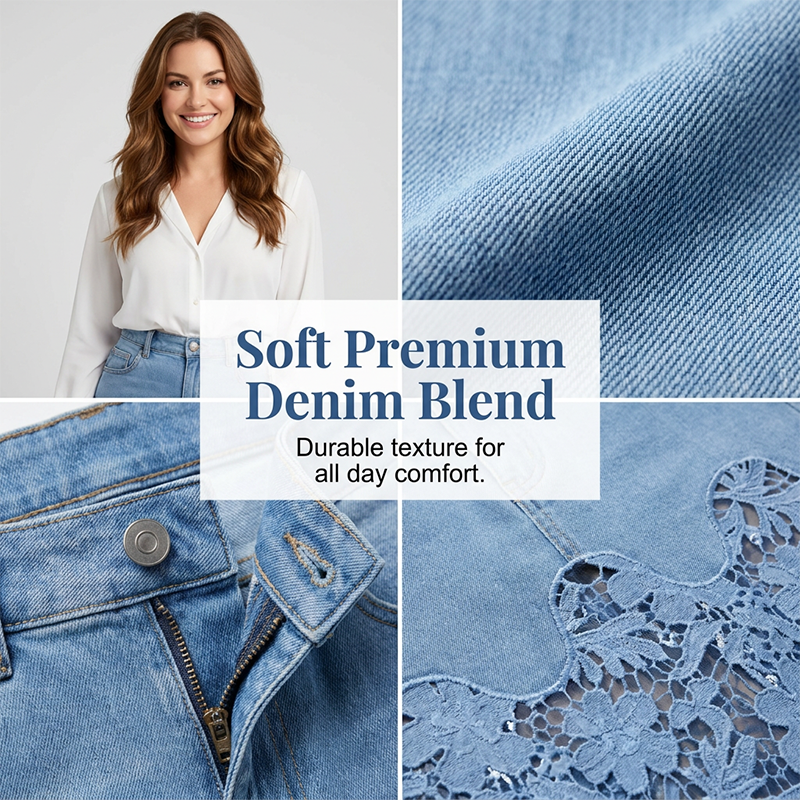 Helynora - Lang denimnederdel til kvinder med blomstret blondekant