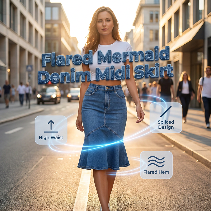 Ivessia - Midi denimnederdel til kvinder med høj talje, havfruesnit
