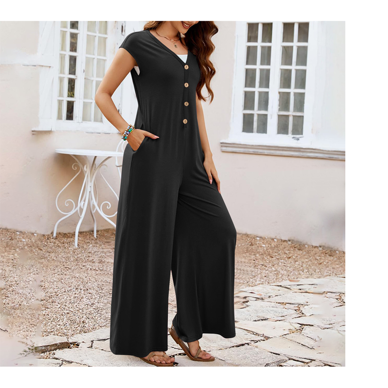 Priscena - Jumpsuit til damer med V-hals, knapper og vide ben