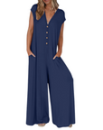 Priscena - Jumpsuit til damer med V-hals, knapper og vide ben