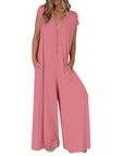 Priscena - Jumpsuit til damer med V-hals, knapper og vide ben