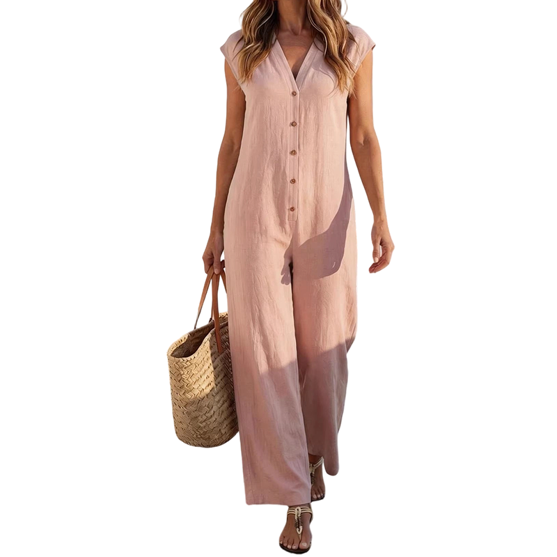 Maevyn - Jumpsuit til damer uden ærmer med knapper og brede ben